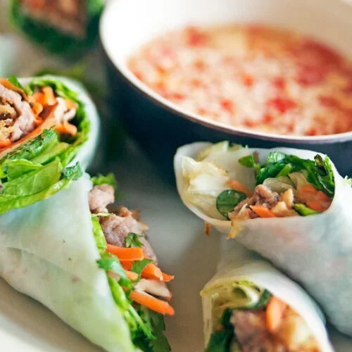 Fresh rice rolls filled with meat and vegetables beside dipping sauce